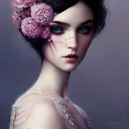 Prompt: tom bagshaw, dollpunk in a full dress, professionally retouched, perfect blue eyes, ultra realistic soft painting, floating long hair, soft facial traits, perfectly detailed linework, symmetrical accurate intricate features, highly detailed, artstation, sharp focus