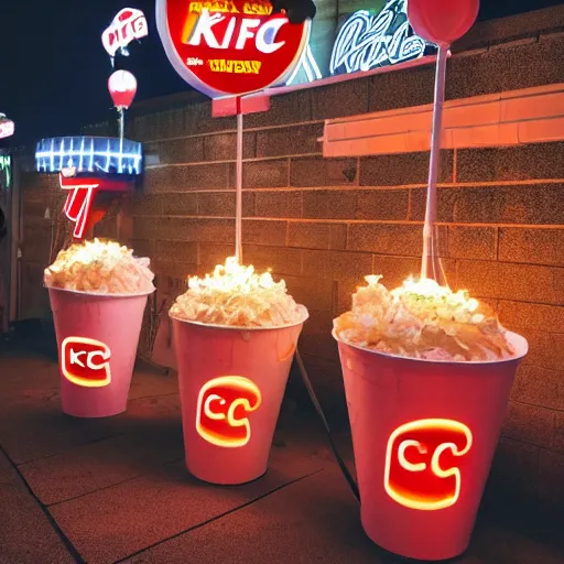 Image similar to a photo of a landscape with many lit up KFC bucket signs on sticks sticking out of it