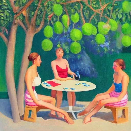 Image similar to “an award winning painting of a group of beautiful young symmetric people wearing swimsuits, sitting at a round garden table playing cards under a fig tree in the sun, drinking gin and tonic. In the style of Edward hopper”
