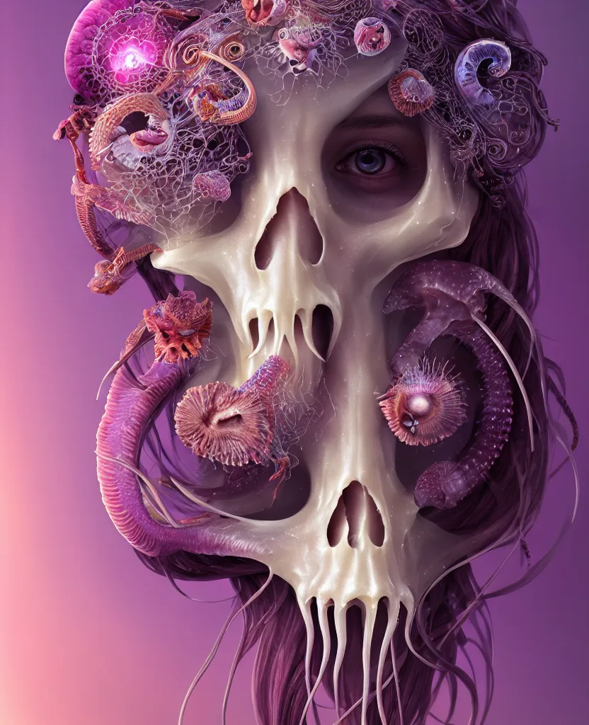 Image similar to goddess princess beautiful face close-up portrait ram skull. jellyfish phoenix head, nautilus, orchid, skull, betta fish, bioluminiscent creatures, intricate artwork by Tooth Wu and wlop and beeple. octane render, trending on artstation, greg rutkowski very coherent symmetrical artwork. cinematic, hyper realism, high detail, octane render, 8k