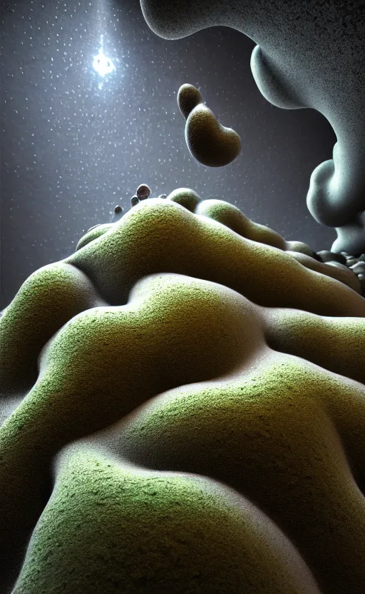 Image similar to highly detailed ultra sharp 3 d render cinematic composition of a smooth ceramic porcelain biomorphic magnolia stone nebula fluid fractal sci - fi surreal architecture landscape, granite, metallic, magnesium, marble, moss and lichen, vincent callebaut composition, mamou - mani, archviz, beautiful lighting, 8 k, unreal engine, hdr,