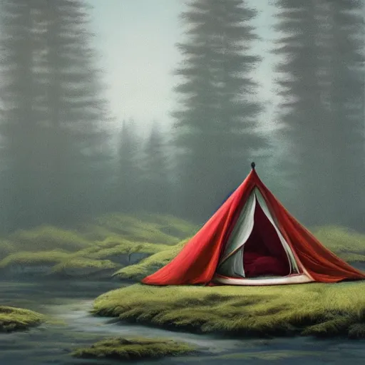 Prompt: a tent by the river in the deep, remote woods by chris leib, from nightmare before christmas | detailed | elegant | trending on artstation