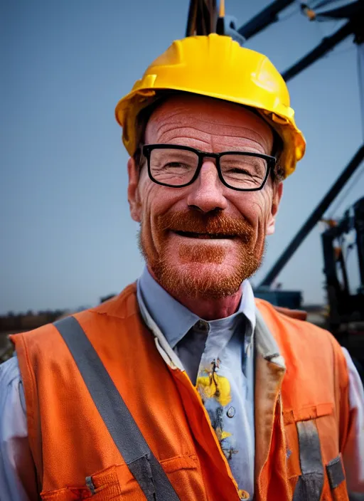 Image similar to closeup portrait of cheerful bryan cranston as a crane operator, yellow hardhat, natural light, bloom, detailed face, magazine, press, photo, steve mccurry, david lazar, canon, nikon, focus