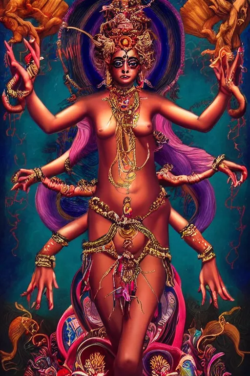 Image similar to overdetailed maximalist fullbody portrait of a beautiful female energy being reminds to kali, having four arms and dancing while transcending to her true form while floating over a surreal landscape. Made by oozium, inspired by silvio vieira, overpainted by loish. 8k 3d realistic render. Bright, sacred, spiritual, dawn, backlit, calm, relaxed, dynamic, ethereal, arcane, intricate, mysterious, dramatic, cinematic. Seen from below. Overpaint in Indian tapestry style