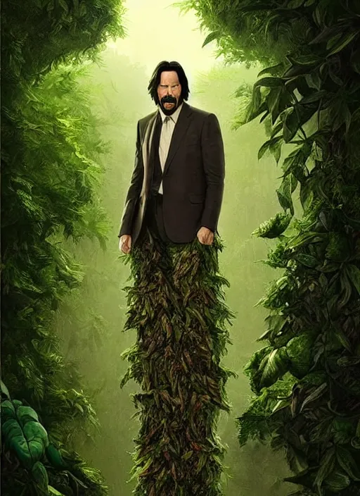 Image similar to highly detailed comedy caper movie poster with silly wacky zany keanu reeves as a sentient pile of leaves, keanu reeves green face as tree sentient leafy bush, falling through a leafy mind chasm by greg rutkowski, masterpiece, really funny, 1 0 / 1 0 comedy