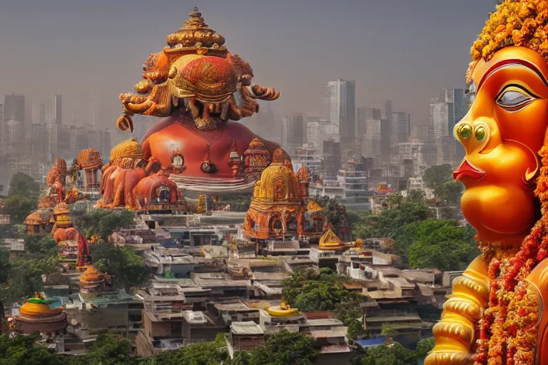 Image similar to high quality dreamscape! biomorphic new delhi, hanuman!! head building, kalighat, octane highly detailed, cinematic smooth, stephen shore & john j. park, soft morning light, wide shot, high angle, uhd 8 k, deep focus