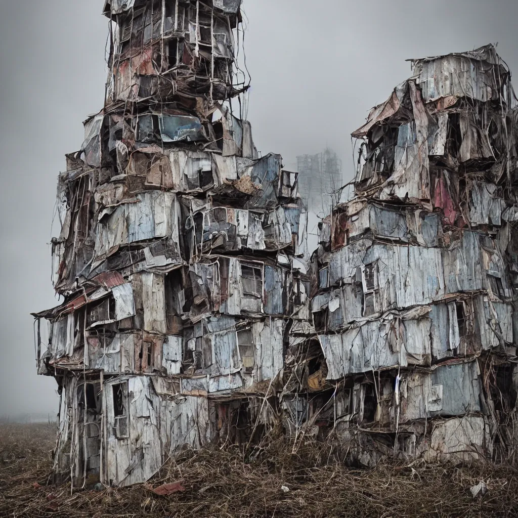 Image similar to close - up view of a tower made up of makeshift squatter shacks with faded colours, moody cloudy sky, uneven fog, dystopia, mamiya, f 1 1, fully frontal view, very detailed, photographed by jeanette hagglund