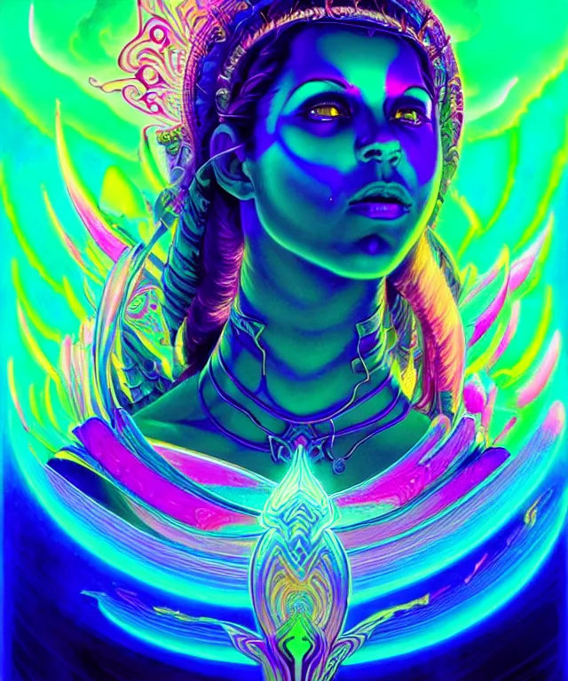 Image similar to epic scale cinematic full centered view chromaticity dmt goddess alex grey character concept of a beautiful colorful crystals powder liquids, glowing fluorescent velvet neon blacklight hues and saturation, sacred dmt color goddess visionary fantasy art by greg rutkowski android jones artgerm alphonse max chroma rule of thirds golden ratio sacred geometry ai generated art centered symmetrical threefold symmetry