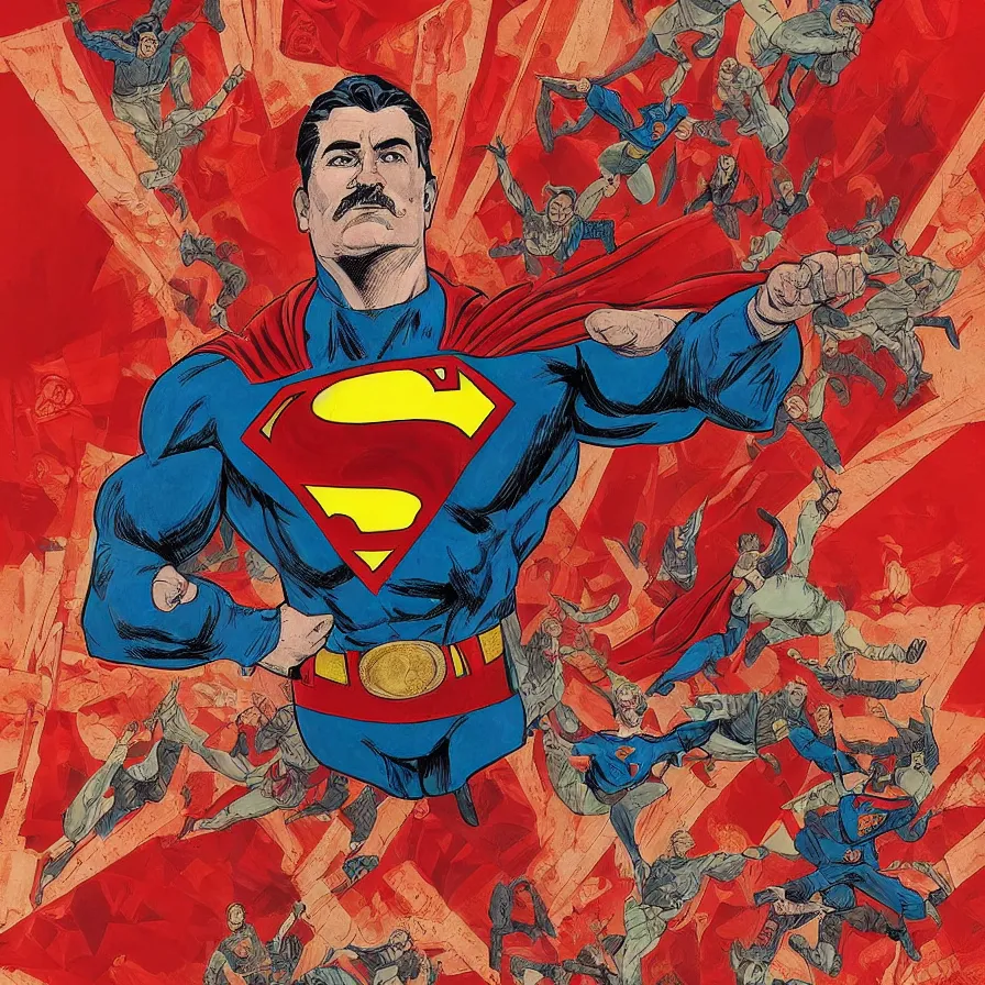 Image similar to epic comic book cover of stalin as superman floating over the red square ( moscow ), hammer and sickle, socialist realism, soviet nostalgia, sovietwave aesthetic, photorealistic, intricate digital art, trending artstation, artgem, rich moody colors, fan art, concept art, in the style of the red son, by cory walker and ryan ottley