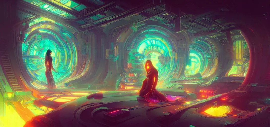 Image similar to a cybernetic temple, vaporwave aesthetic, colorful, psychedelic, digital painting, artstation, concept art, smooth, sharp focus, illustration, art by artgerm and greg rutkowski and alphonse mucha