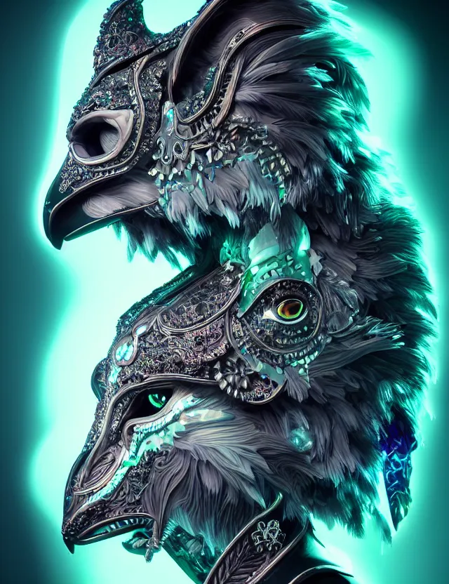 Prompt: 3 d goddess close - up profile portrait with raven skull. beautiful intricately detailed avante garde wolf mask and futurepunk outfit. neon moths, bio luminescent, frost, splash,, creature, artwork by tooth wu and wlop and beeple and greg rutkowski