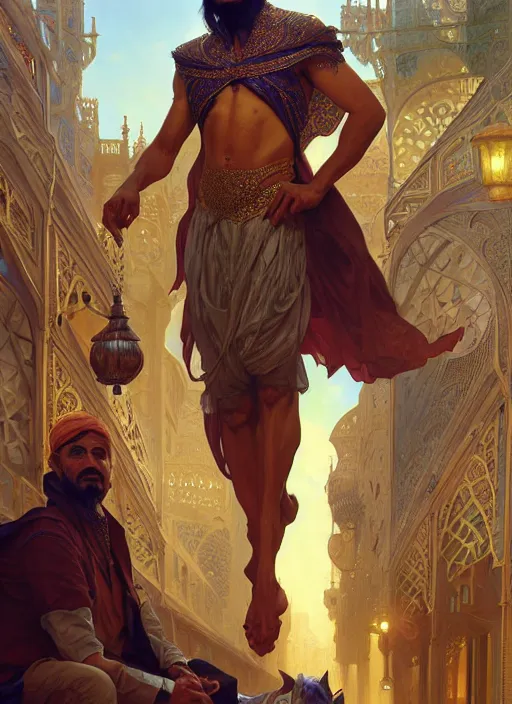 Image similar to an arabian man in the market, shiny, fantasy, intricate, elegant, hyper detailed, ultra definition, photoreal, artstation, unreal engine rendered, concept art, smooth, sharp focus, illustration, art by artgerm and greg rutkowski and alphonse mucha and garis edelweiss