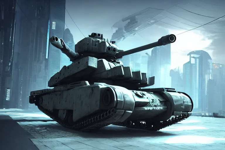 Image similar to cyberpunk concept inspired tank, futuristic look, highly detailed body, very powerful, photorealistic camera shot, bright studio setting, studio lighting, crisp quality and light reflections, unreal engine 5 quality render