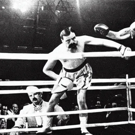 Image similar to stalin and hitler in a boxing ring fighting, in the background is a crowd of people in clown outfits watching.