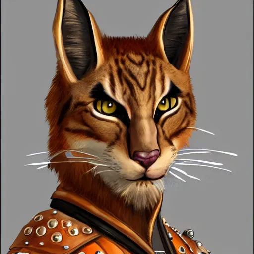 Image similar to d & d style portrait, tabaxi male, wearing studded leather.