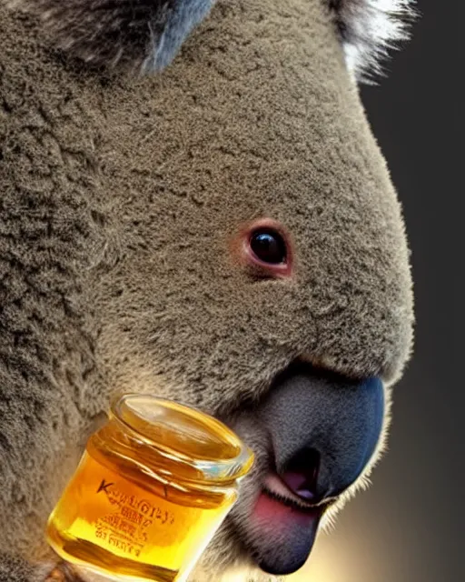 Prompt: beautiful koala as honey, made of honey, wearing honey - themed miniskirt, award winning creature portrait photography, extremely detailed, artstation, 8 k, sensual lighting, incredible art, wlop, artgerm, backlit, rim lighting