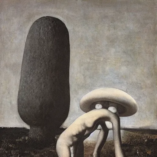 Image similar to man fungal ears Mushroom Cretin the Hermit camouflaged as a toadstool wearing a black shirt odd nerdrum robert rauschenberg nelson shanks giorgio de chirico