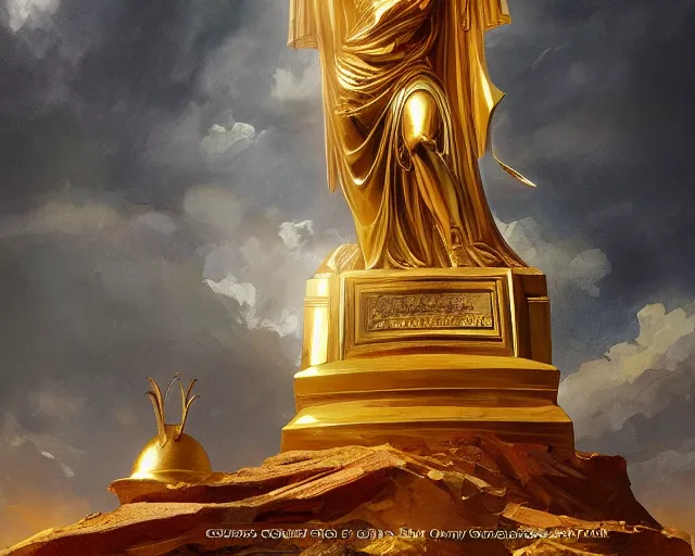 Image similar to imposing colossal golden statue of the goddess of justice, a fantasy digital painting by Greg Rutkowski and James Gurney, trending on Artstation, highly detailed