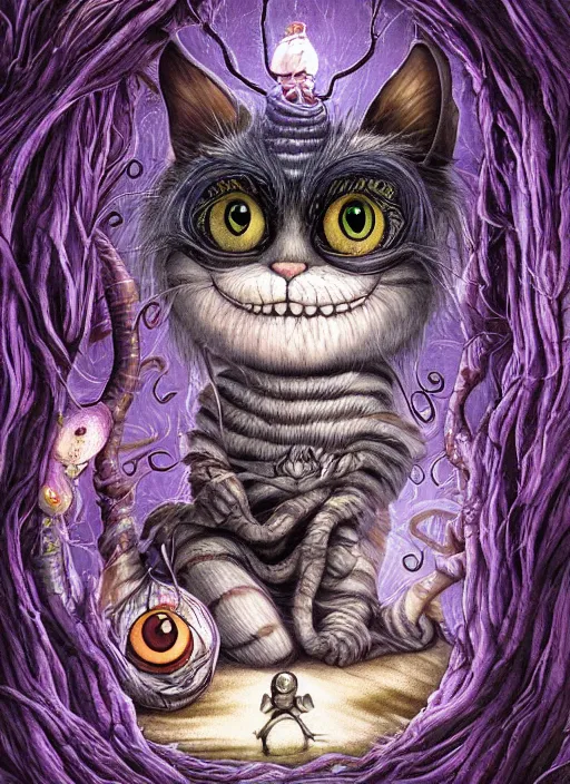 Image similar to cheshire cat the magician tarot card, highly detailed, cinematic, 8 k, bymegan duncanson, benjamin lacombe, naoto hattori, adrian borda, giger, trending on deviantart, hyper detailed, horror, full of colour