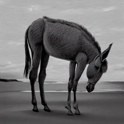 Image similar to “a miserable donkey crying by the seashore, sorrowful, detailed realistic donkey”