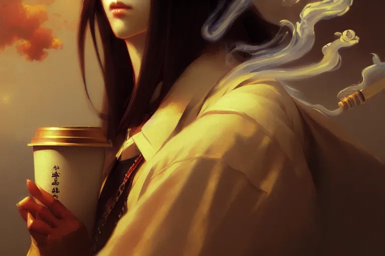 Prompt: mexican smoking weed and drinking coffee baroque oil painting finely detailed perfect face f anime shinkai takeuchi key visual of character concept art pixiv fanbox, painted by greg rutkowski