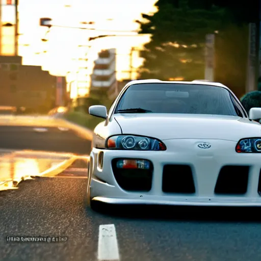 Image similar to still of a toyota supra mk4 on the road in Tokyo, action shot,sunset, CGSociety