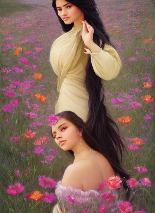 Prompt: beautiful thirty year old woman with long black hair, tan skin, curvy hourglass figure, round cute face, slight resemblance to selena gomez wearing a colorful winter disney princess gown in a field of flowers. beautiful painting by artgerm and greg rutkowski and lois van baarle and bouguereau