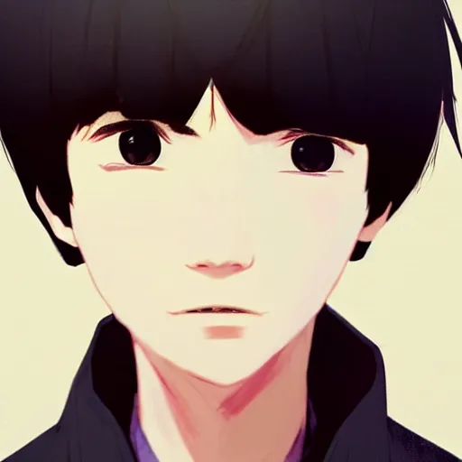 Image similar to a headshot of a very happy yoongi closed smile - short black hair wearing male school uniform, sharp focus, illustration, morandi color scheme, art station, high detailed, by ilya kuvshinov, gorillaz art