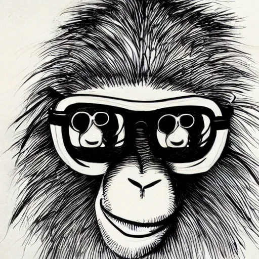Prompt: colorful monkey with sunglasses intricate ink drawing, highly detailed in the style of Ashley Wood