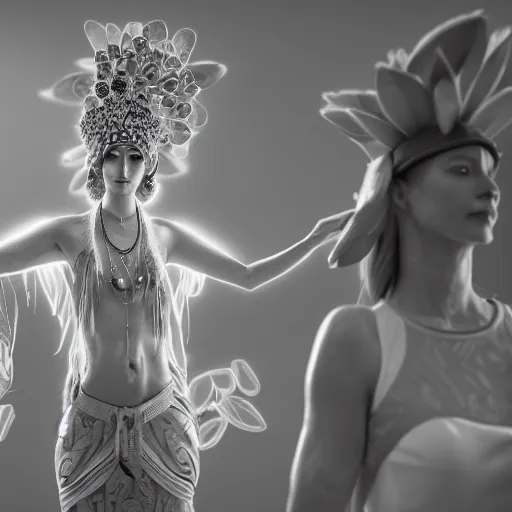 Prompt: mushroom goddess with extremely elegant headdress with group of elders in a ceremony for plant medicine, beautiful, hiroya oku, yoshitaka amano, alex grey, black and white, beautiful lighting, cinematic still, perfect render, 3 d render, unreal engine, 8 k