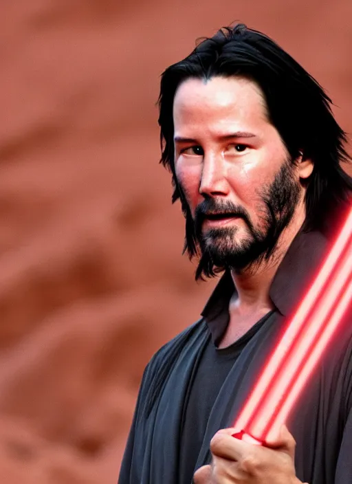 Prompt: close - up keanu reeves as a jedi holding a lightsaber, a red sand desert, 8 k, shallow depth of field, intricate detail,