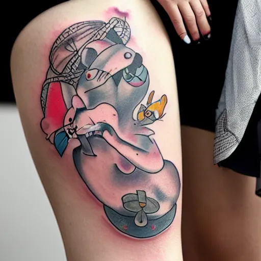 Prompt: tatoo on girl's leg with cute rat reading newspapper sitting on magic mushroom