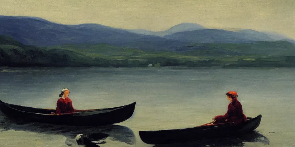 Prompt: “ a woman sitting in a canoe on the hudson river, mountains in fog background, oil painting, by george bellows ”