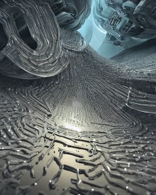 Prompt: huge organic construction with fluid metal parts floating in void hallucinating, creative VFX, no text, rendered with octane, hyper realistic, hyper detailed, surreal, futuristic, 8k