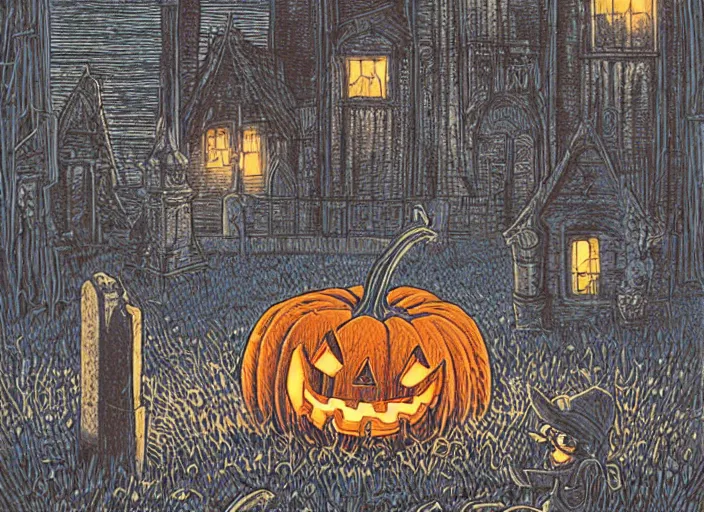 Prompt: blue woodcut print, cartoon halloween pumpkin in graveyard at midnight by greg rutkowski, fine details, highly detailed