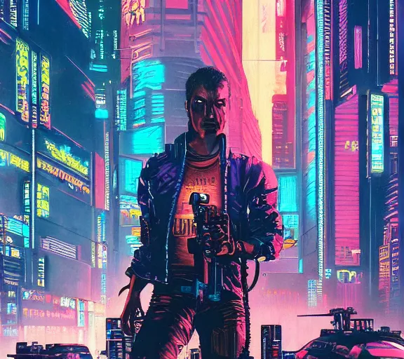 Prompt: a portrait of a cyberpunk epic Friday night firefight, Night City, cyberpunk 2077, very very coherent painting, 1979 OMNI Magazine Cover, street level neo-Tokyo in Cyberpunk 2045 style by Vincent Di Fate by mark arian by artgerm in the style of Gustavo Dore, 4k, 8k, HD, trending on artstation