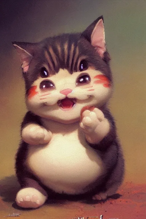 Prompt: a very cute kawai little fat baby cat smiling and proud from dr slump, beautiful painting by louis remy mignot, greg rutkowski, ilya repin, nice lighting, smooth tiny details, soft and clear shadows, low contrast, perfect