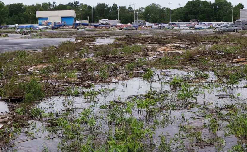 Prompt: decrepit overgrown walmart flooded documentary footage