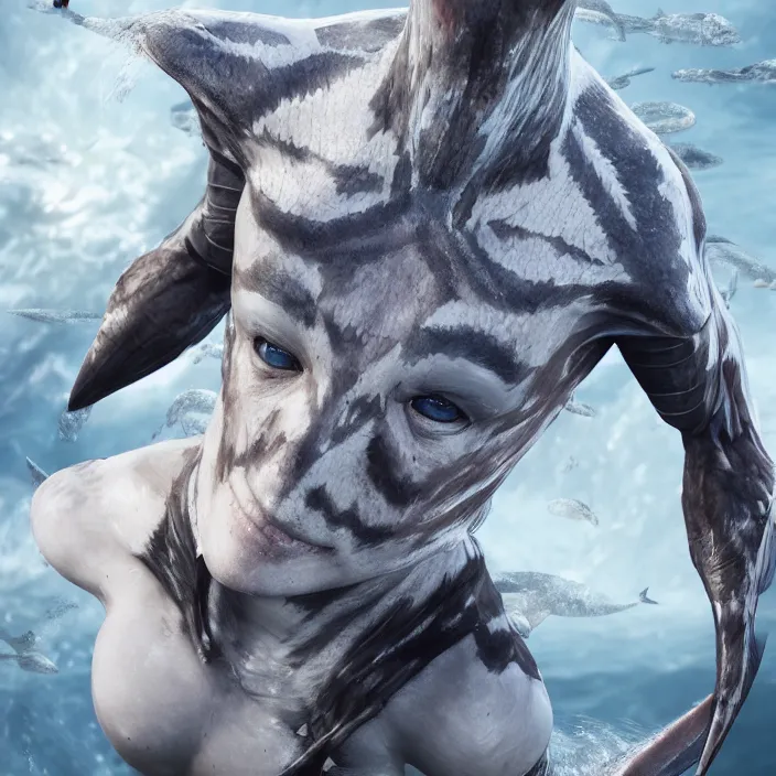 Image similar to a shark human hybrid. intricate cosplay. intricate artwork. octane render, trending on artstation, very coherent symmetrical artwork. cinematic, hyper realism, high detail, octane render, 8 k, iridescent accents