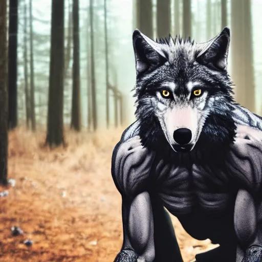 Image similar to werecreature consisting of a human and wolf, photograph captured in a forest