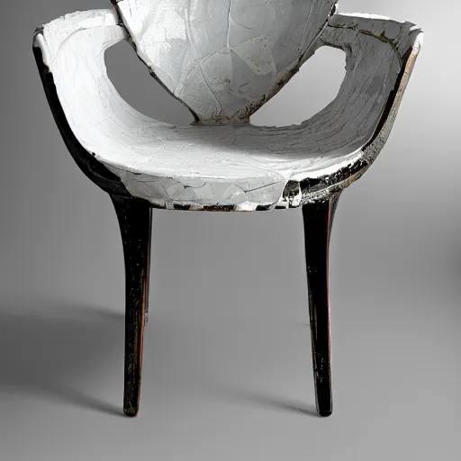 Prompt: a shattered round porcelain armchair in soft light