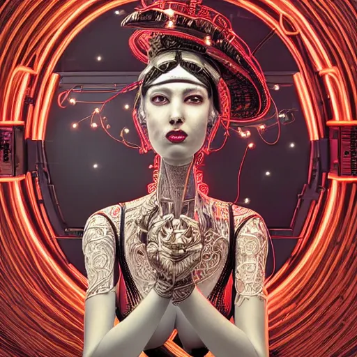 Prompt: the portrait of an absurdly graceful, sophisticated, fashionable ottomanpunk robotess idol, an ultrafine hyperdetailed illustration by kim jisu, intricate linework, neon wiring, electronics, porcelain skin, unreal engine 5 highly rendered, global illumination, radiant light, detailed and intricate environment, by rutkowski, artgerm, marvel comics