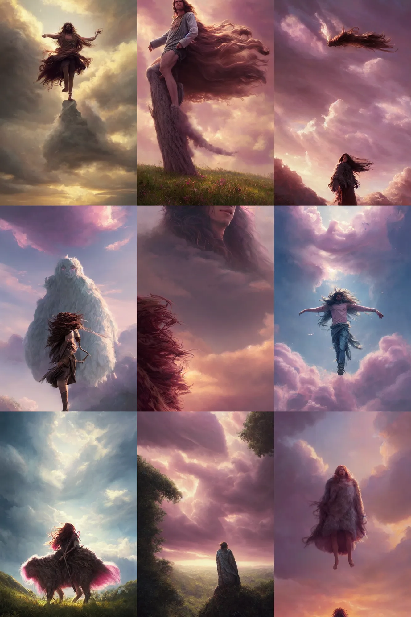 Prompt: Movie poster of a Nature druid monolith character portrait with long brown hair flying through the sky between fluffy pink clouds, Greg Rutkowski, dynamic lighting, cheerful, award-winning oil painting