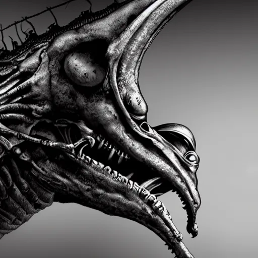 Prompt: xenomorph alien frog, eating a mosquito, alien by artist giger, bones background, concept art for movie, black and white colors, extreme detail, 4 k, detailed concept art, realistic lighting, sharp focus, backlit