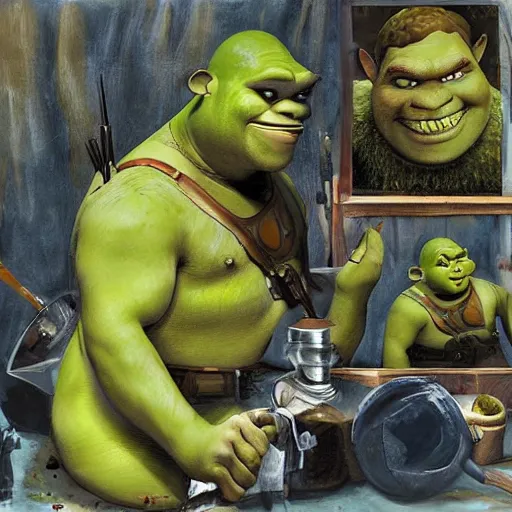 Prompt: a beautiful complex painting of shrek getting ready for a war