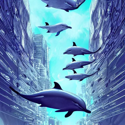 Prompt: an alien city of dolphins under the ocean, sci-fi digital art illustration,