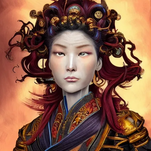 Image similar to portrait, headshot, insanely nice professional hair style, dramatic hair color, digital painting, of a old 17th century, old cyborg merchant, Chinese Three Kingdoms, amber jewels, baroque, ornate clothing, scifi, realistic, hyperdetailed, chiaroscuro, concept art, art by Franz Hals and Jon Foster and Ayami Kojima and Amano and Karol Bak,