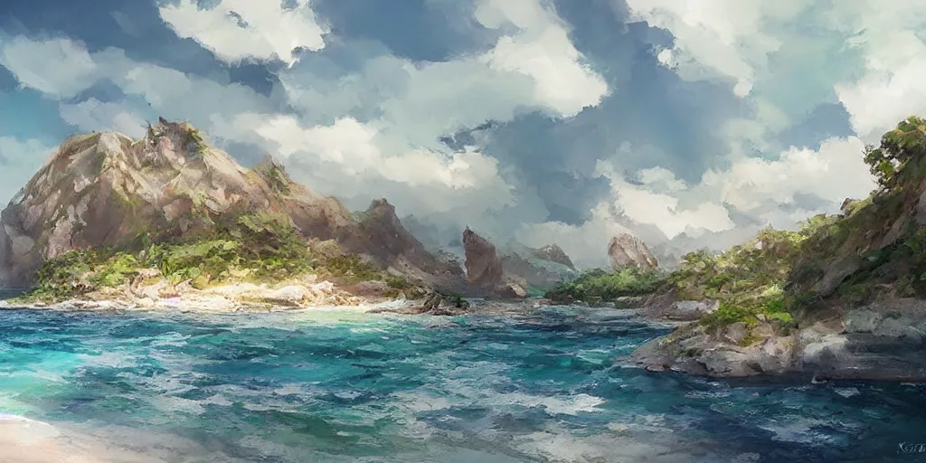 Prompt: stunning landscape of a lost island on a sunny day by krenz cushart