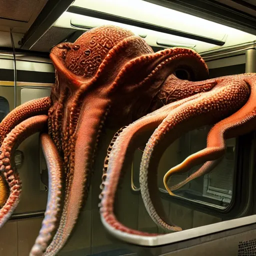 Image similar to a photo of a giant octopus mindflayer invading a interior of a subway train in new york, cinematic lighting