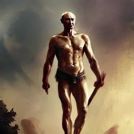 Image similar to vladimir putin as a greek god, by greg rutkowski